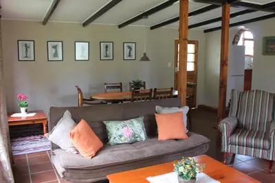 a living room with a couch and a table at Cottage Suikerbekkie in Dullstroom