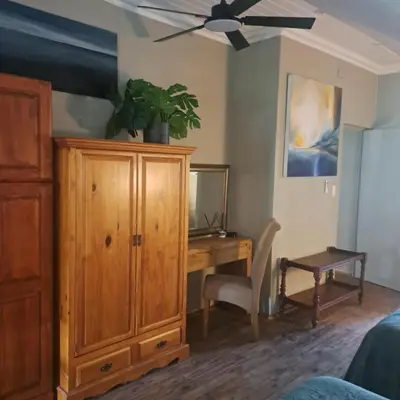 a bedroom with a wooden cabinet and a desk with a plant at Kruger Tree Lodge in Marloth Park