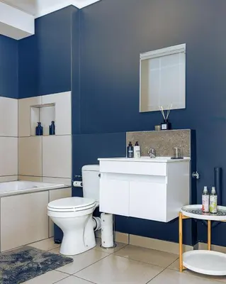a blue bathroom with a toilet and a sink at Mbombela Sunrise Retreat in Boschrand