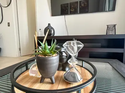 a coffee table with a plant and an hourglass at 4208 on Ellipse, Waterfall, Midrand in Midrand