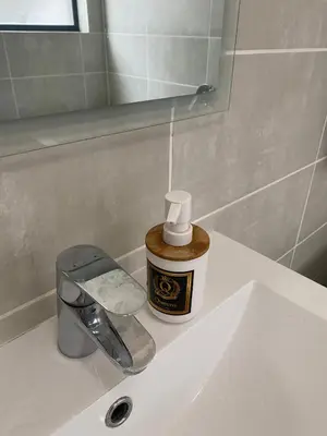 a bathroom sink with a soap dispenser on it at IRIS at THE BLYDE in Pretoria