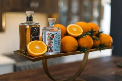 a tray with a bottle of alcohol and oranges on a table at Bushveld Villa w Pool, Firepit & Outdoor Living in Hoedspruit