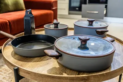 a group of pots and pans on a table at Menlo Park Luxury Free Parking King bed Workstation 3 km to Menlyn Maine in Pretoria