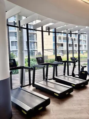 a row of treadmills in a gym with large windows at Stunning Apartment in Ellipse Waterfall Midrand in Midrand