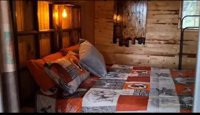 a bed with pillows on it in a room at Bushbaby Cabin in Louwʼs Creek
