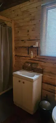 a bathroom with a white sink and a wooden wall at Bushbaby Cabin in Louwʼs Creek