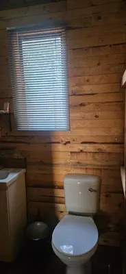 a bathroom with a white toilet and a window at Bushbaby Cabin in Louwʼs Creek