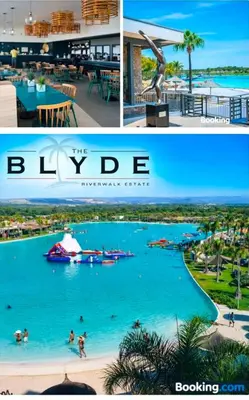 a collage of photos of a beach with people in the water at The Blydes Crystal Lagoon in Pretoria