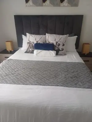 a white bed with pillows and two dogs on it at The Blydes Crystal Lagoon in Pretoria