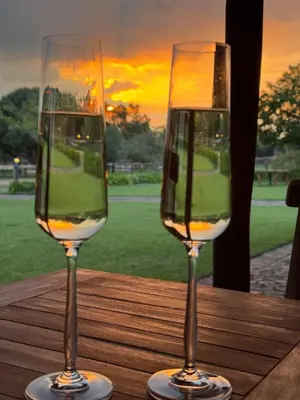two wine glasses sitting on top of a wooden table at EquiRest Horse & Human Country Stay in Midrand