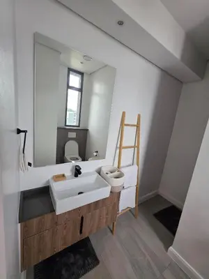 a bathroom with a sink and a toilet and a mirror at Studio in Menlyn Maine in Pretoria