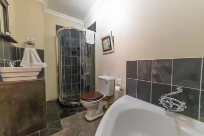 a bathroom with a toilet and a shower and a sink at Khayamanzi Guesthouse in Hartbeespoort
