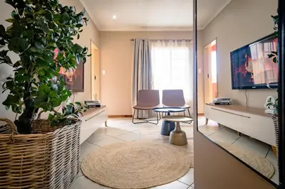 a living room with a potted plant and a tv at Entire Modern Comfortable Lux Centurion Apartment in Pretoria