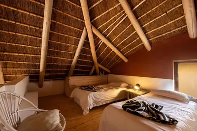 two beds in a room with a roof at Zebras Crossing in Modimolle