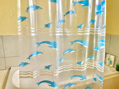a shower curtain with dolphins in the ocean at Spacious Entire place with Balcony in Kempton Park