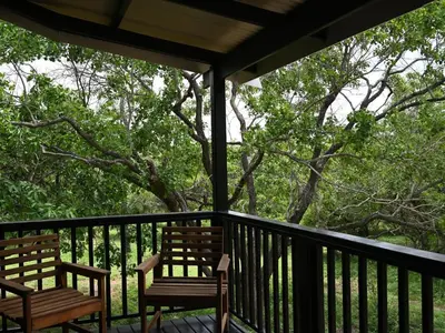 two chairs on a porch with trees in the background at Memory Makers Bush Lodge in Hoedspruit