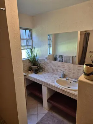 a bathroom with a sink and a large mirror at The Macadamia Nut Farm House in White River