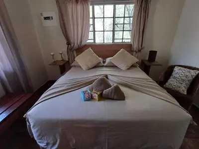 a bedroom with a large bed with two books on it at Impala Lily Kaya in Marloth Park
