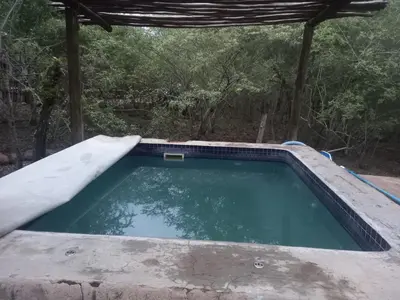 an empty swimming pool with acovered at Impala Lily Kaya in Marloth Park