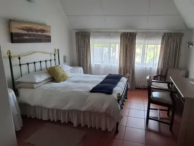 a bedroom with a bed and a desk and a desk at Green Haven Guest Lodge in Pretoria