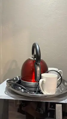 a tea kettle and a cup on a tray at The N1 Farm Place in Pretoria