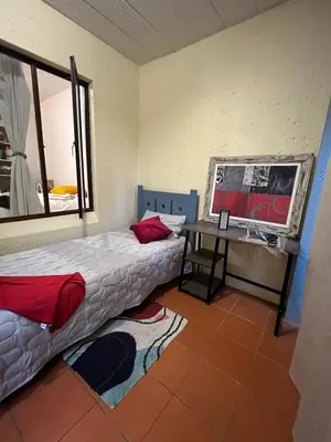 a bedroom with a bed and a desk with a mirror at Travellor's relaxation unit, secure 1,5 bedrooms in Sandton