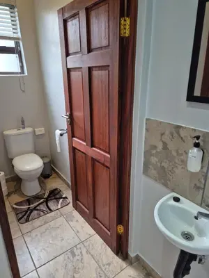 a bathroom with a wooden door and a sink at Brett's Place in Warmbaths