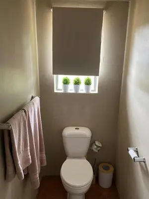a bathroom with a toilet and a window with plants at Inn Da Bush in Nelspruit