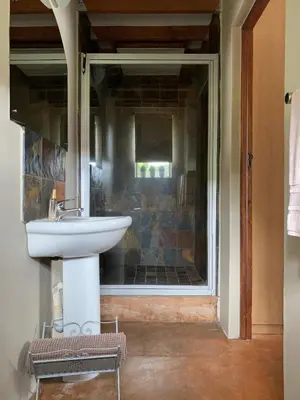 a bathroom with a sink and a glass window at Inn Da Bush in Nelspruit