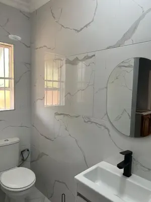 a bathroom with a toilet and a sink and a mirror at Garden Flat to rent in Pretoria