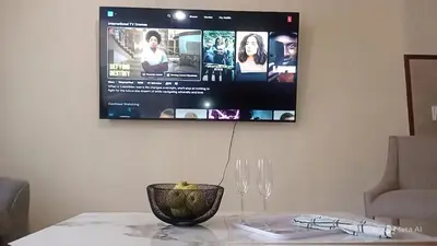 a television hanging on a wall above a table with glasses at Pretoria North Royal-IN in Akasia