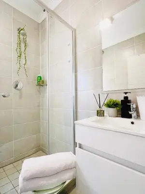 a bathroom with a shower and a sink at Lagoon Aparthotel in Pretoria