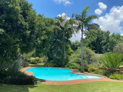 a swimming pool in a garden with a palm tree at The Swiss Garden in Midrand