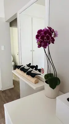 a vase of purple flowers on a counter in a bathroom at Midrand Manor Guesthouse in Midrand