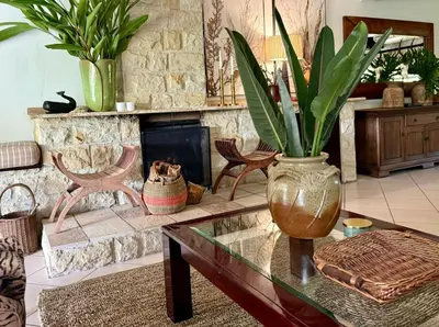 a living room with a fireplace and a table with a plant at Private African Retreat at 3000ha Mangweni Game Reserve in Elandsbosch