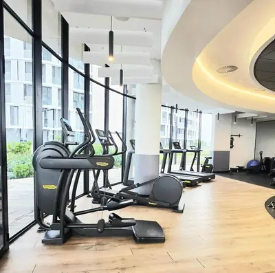 a gym with a row of treadmills and ellipticals at Serenity Escape at Ellipse Waterfall in Midrand