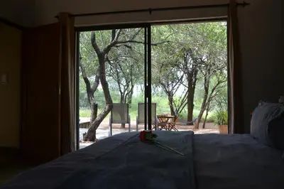 a bedroom with a bed and a large glass window at Africana Properties Impala Private Villa in Hoedspruit