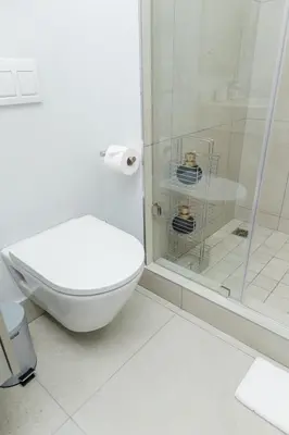 a white bathroom with a toilet and a shower at Ellipse Waterfall Premium Apartments - Cream in Johannesburg