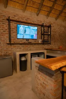 a living room with a tv on a brick wall at Timlia Marloth Park in Marloth Park