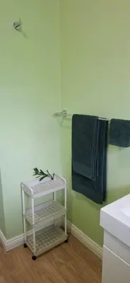 a bathroom with green towels and a towel rack at Olive Studio in Pretoria