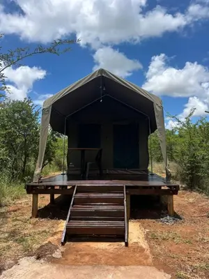 a black tent on a wooden platform in a field at Inn Africa Safari Camp in Welverdiend