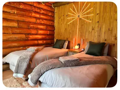 a bedroom with two beds in a log cabin at Little Lions in Dullstroom