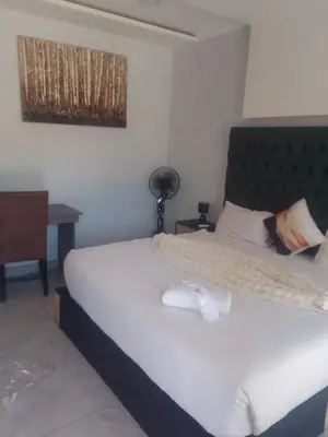 a bedroom with a large white bed and a chair at Laconda Rosa in Kriel