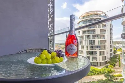 a plate of grapes and a bottle of wine on a table at RestHaus Suite, Ellipse Waterfall in Midrand