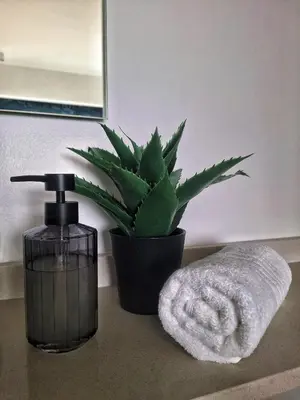 a bathroom with a towel and a soap dispenser and a plant at Menlyn Maine Apartment - 738 at Maine in Pretoria