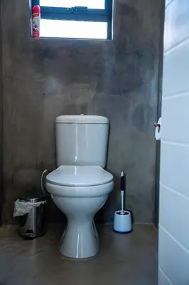 a white toilet in a bathroom with a window at Atimangeni Bush Guest House in Dwarsloop