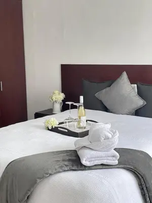 a bed with a tray with a bottle of wine and towels at Green View Guest House Middelburg in Middelburg