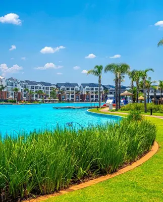 a pool at a resort with palm trees at TwoHorse Properties in Pretoria