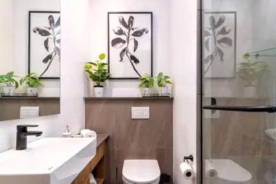 a bathroom with a sink toilet and plants on shelves at #AlimamaSpaces The Nook Menlyn Maine Studio in Pretoria