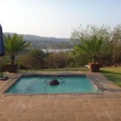 a swimming pool in a yard with palm trees at Hazyview Country Estate in Swartfontein